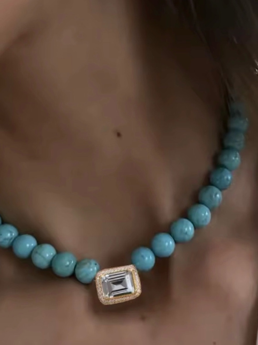 Turquoise Beaded Necklace with Center Crystal Pendant - Picture 6 of 6